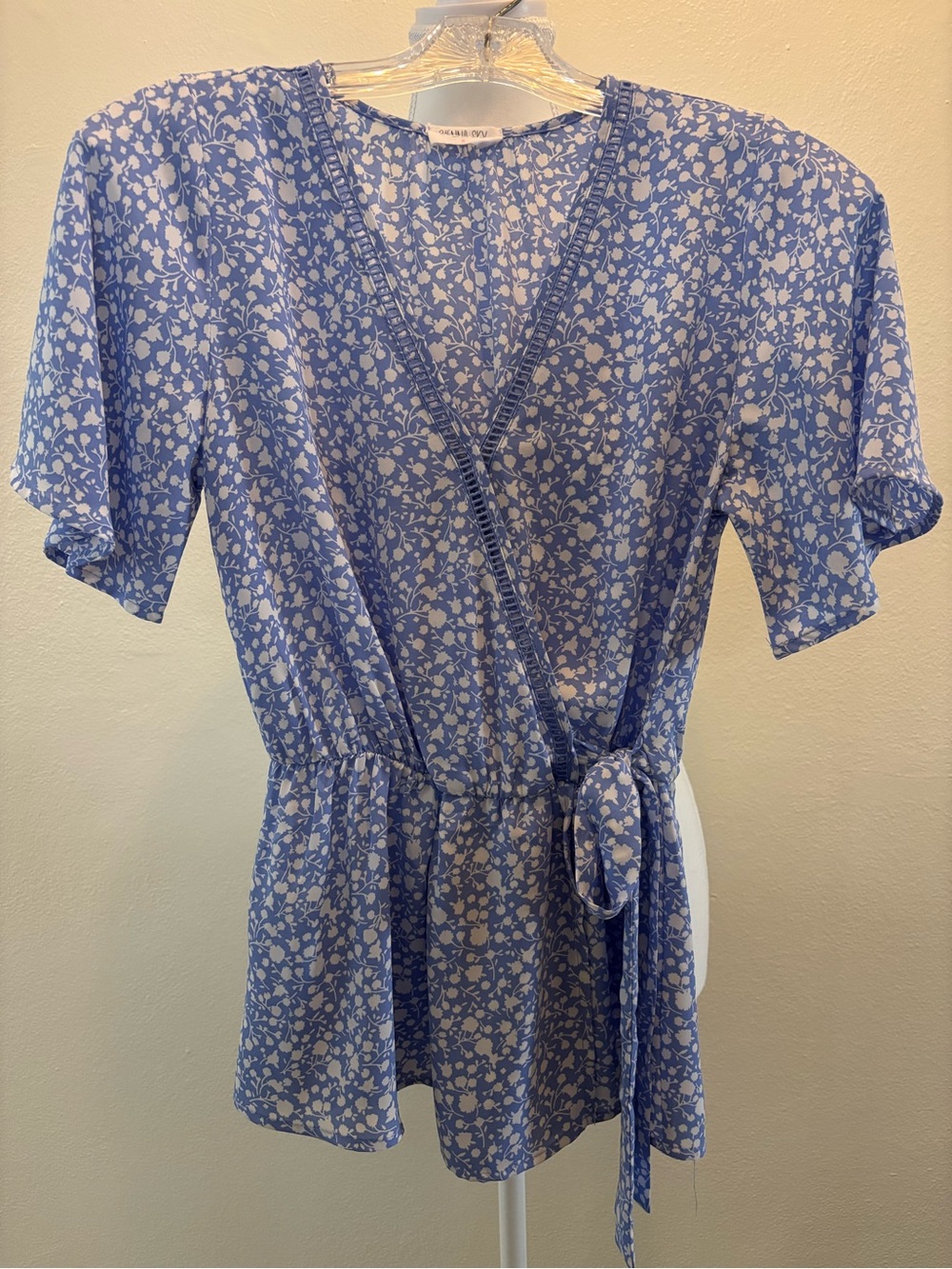 Blue Floral Faux Wrap Blouse
